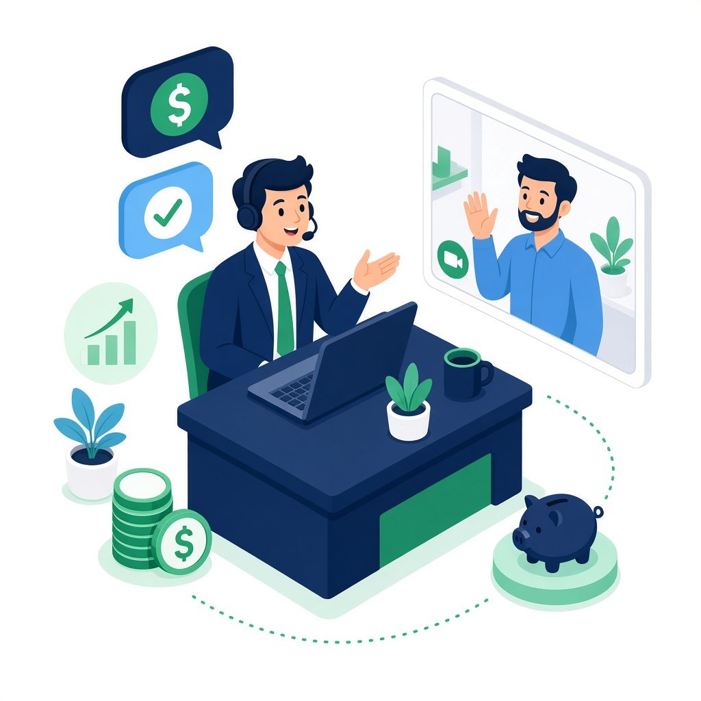Illustration of a funding specialist on a video call with a business owner